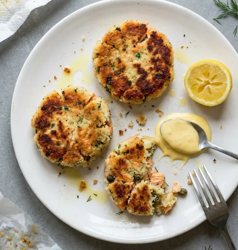 Salmon fish cakes with a patchy golden breadcrumb crust on a white plate, one broken open to show pink salmon flakes and dill through the mash, with hollandaise and a lemon wedge