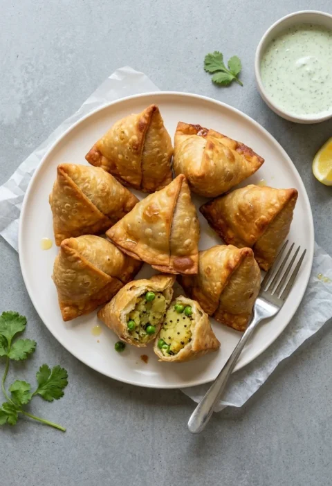 Nine golden fried samosas piled on a white plate, one broken open to show the crushed potato, pea and mustard seed filling, with a small bowl of minted yoghurt and a lemon wedge alongside