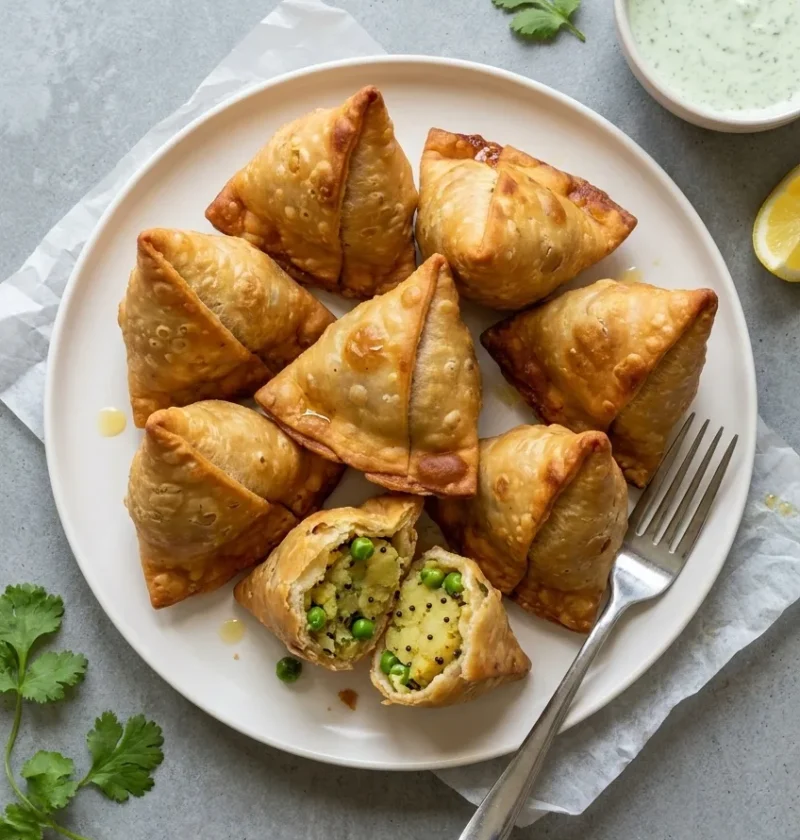 Nine golden fried samosas piled on a white plate, one broken open to show the crushed potato, pea and mustard seed filling, with a small bowl of minted yoghurt and a lemon wedge alongside