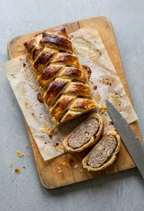 Golden sausage plait on a wooden board with two slices cut to show the sausage meat filling