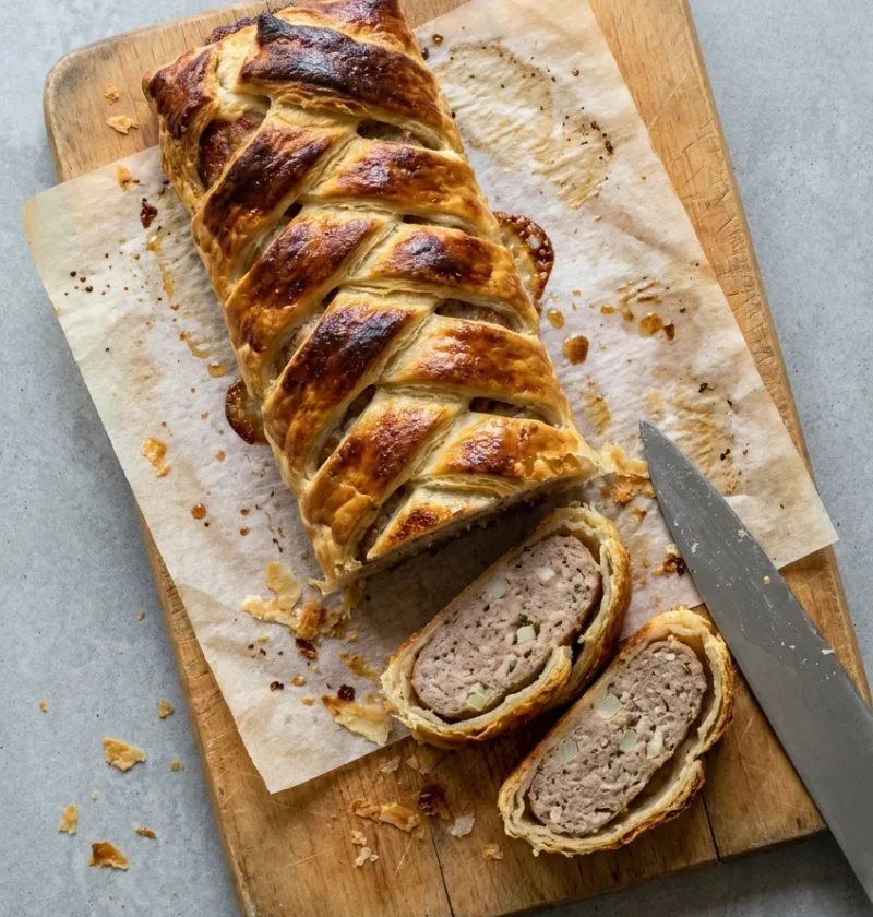 Golden sausage plait on a wooden board with two slices cut to show the sausage meat filling