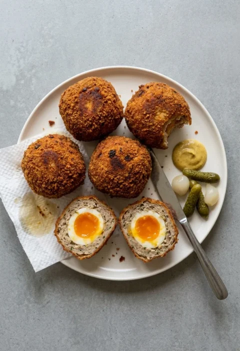 Homemade scotch eggs on a white plate with a craggy golden breadcrumb crust, one cut in half to show herb-flecked sausage meat around a soft-yolked egg, with mustard, cornichons and pickled onions
