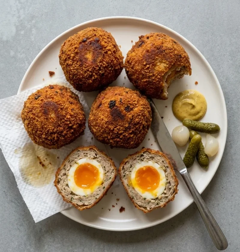 Homemade scotch eggs on a white plate with a craggy golden breadcrumb crust, one cut in half to show herb-flecked sausage meat around a soft-yolked egg, with mustard, cornichons and pickled onions