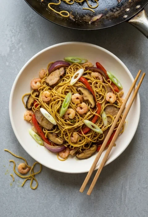 Singapore noodles in a cream bowl with curry-yellow egg noodles, sliced pork, small prawns, red pepper, red onion, shiitake and spring onions, chopsticks and a wok behind