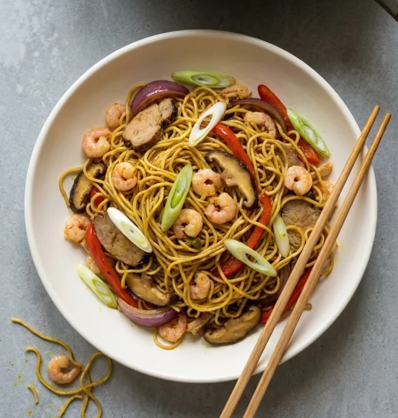 Singapore noodles in a cream bowl with curry-yellow egg noodles, sliced pork, small prawns, red pepper, red onion, shiitake and spring onions, chopsticks and a wok behind