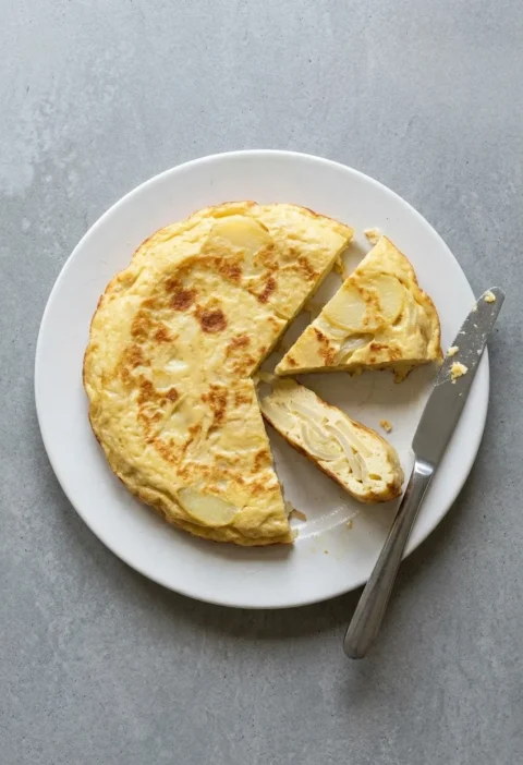 A whole Spanish tortilla on a white plate with two wedges cut out, showing thin slices of potato and onion set in pale golden egg