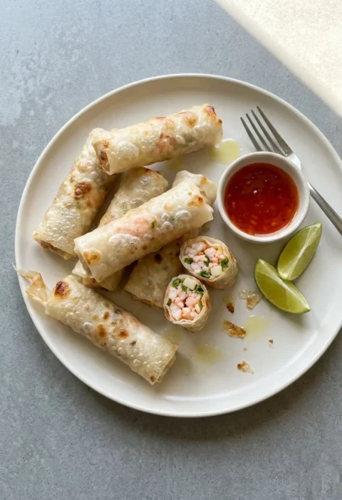 Fried rice paper spring rolls on a white plate, one cut open to show a pink prawn and spring onion filling, with sweet chilli sauce and lime wedges