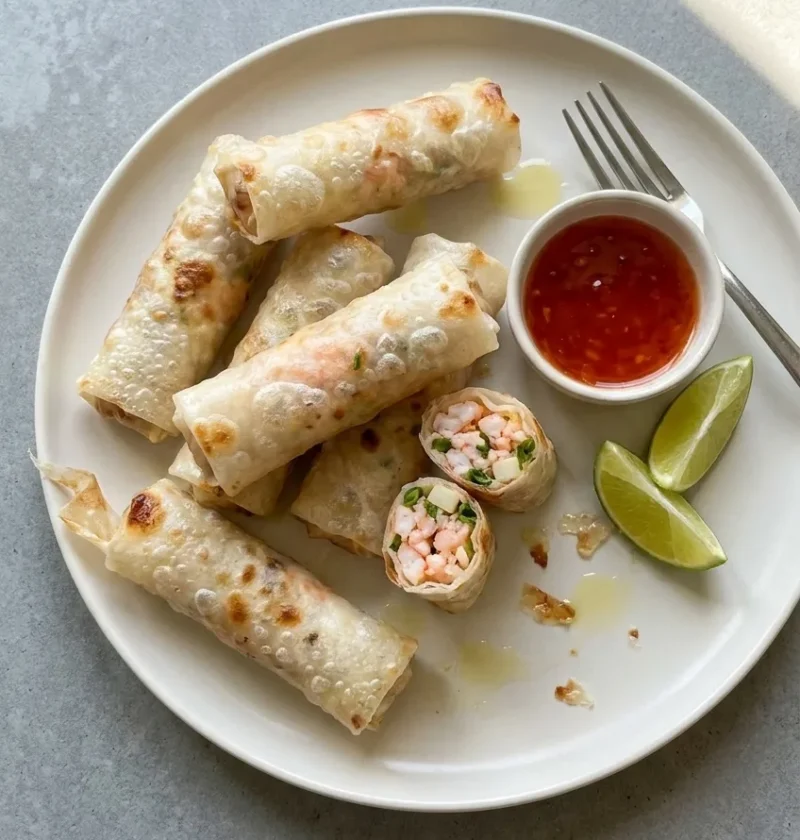 Fried rice paper spring rolls on a white plate, one cut open to show a pink prawn and spring onion filling, with sweet chilli sauce and lime wedges