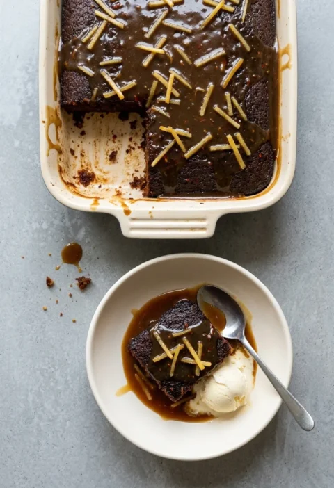 Sticky ginger pudding in a lasagne dish with toffee sauce and stem ginger matchsticks, and a square served in a bowl with vanilla ice cream