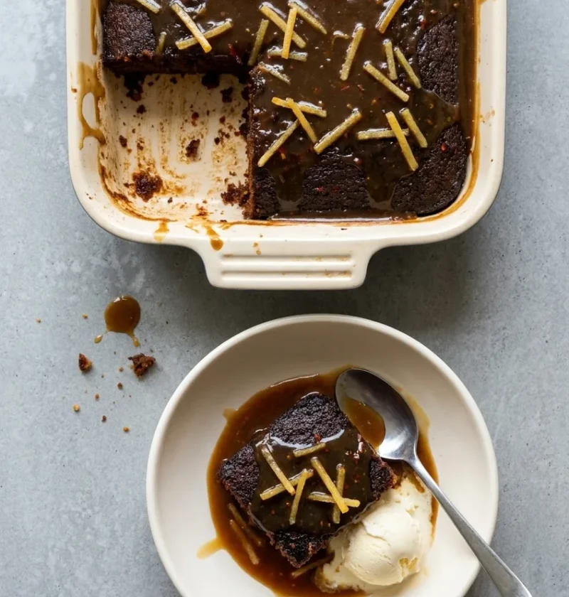 Sticky ginger pudding in a lasagne dish with toffee sauce and stem ginger matchsticks, and a square served in a bowl with vanilla ice cream