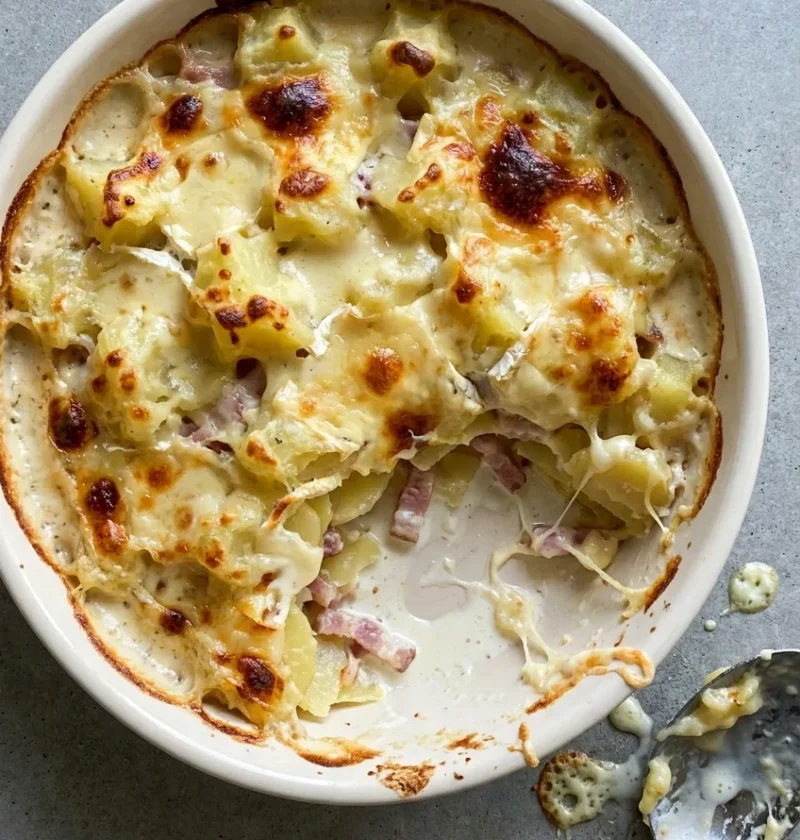 Hairy Bikers tartiflette in a white dish, melted reblochon over potatoes and bacon with a scoop taken out