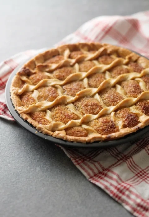 A treacle tart with a twisted pastry lattice across the top in a dark metal tin