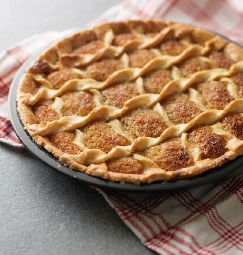 A treacle tart with a twisted pastry lattice across the top in a dark metal tin