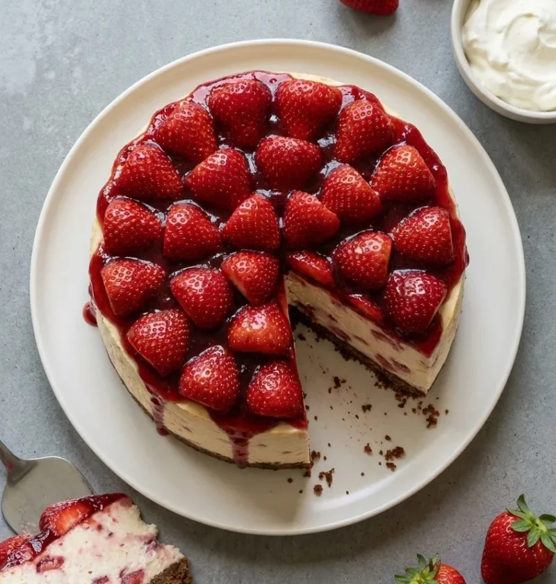 Baked strawberry cheesecake on a white plate with halved strawberries glazed in red jam packed across the top, one slice cut out showing the dark biscuit base and pale curd cheese filling