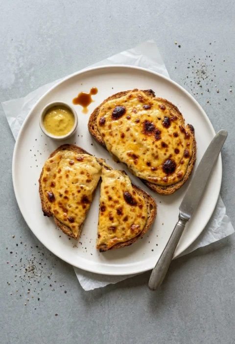Two slices of Welsh rarebit on a white plate, thick Cheddar and beer sauce covering the granary toast to the crusts, blistered and browned under the grill, one slice cut in half, with a pot of English mustard