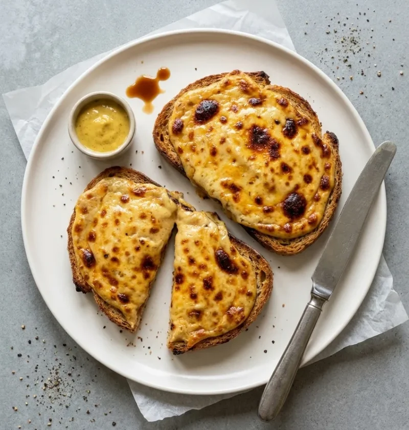 Two slices of Welsh rarebit on a white plate, thick Cheddar and beer sauce covering the granary toast to the crusts, blistered and browned under the grill, one slice cut in half, with a pot of English mustard