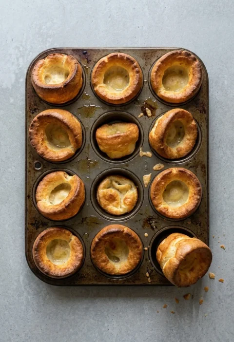 Twelve homemade Yorkshire puddings in a well-used muffin tin, one lifted out on its side