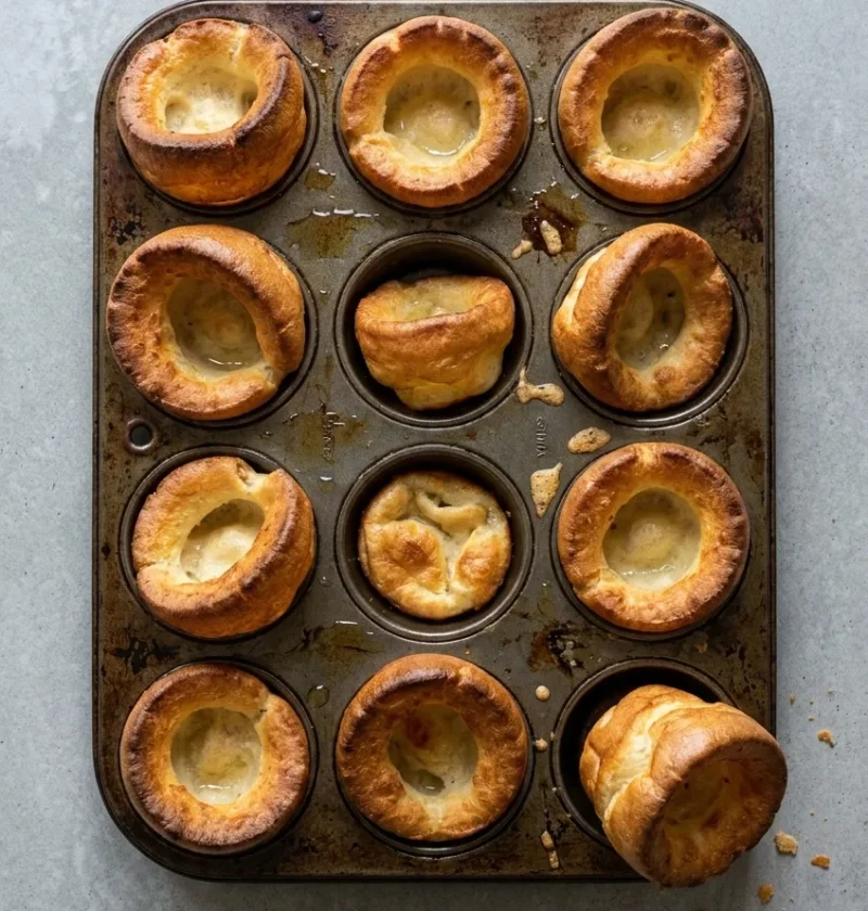 Twelve homemade Yorkshire puddings in a well-used muffin tin, one lifted out on its side