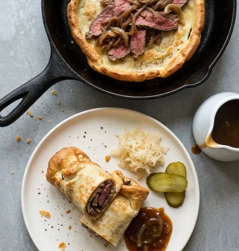 A Yorkshire pudding wrap in a cast-iron pan topped with rare steak and onions, with rolled wraps, sauerkraut and pickles on a plate