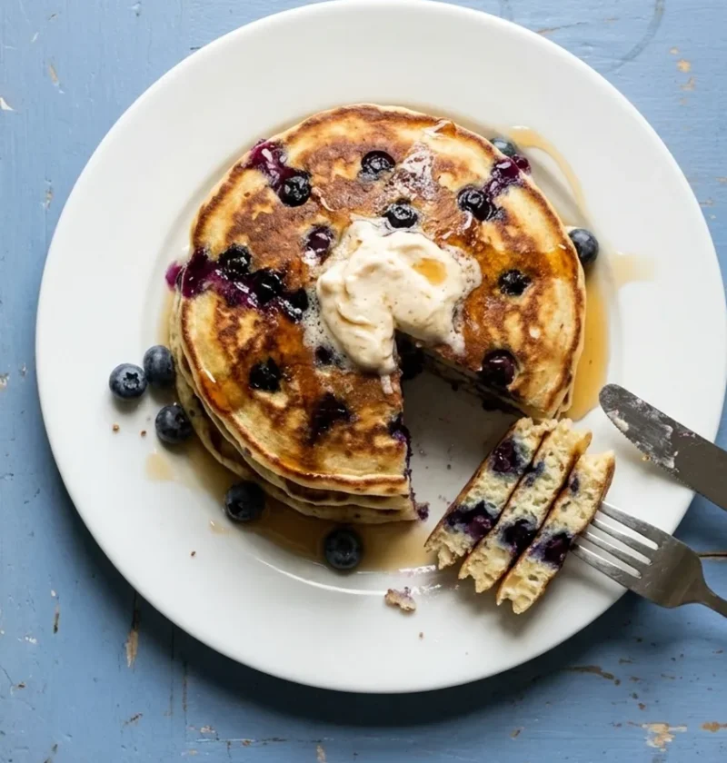 Stack of American buttermilk pancakes with blueberries, whipped maple butter and maple syrup, a wedge cut out