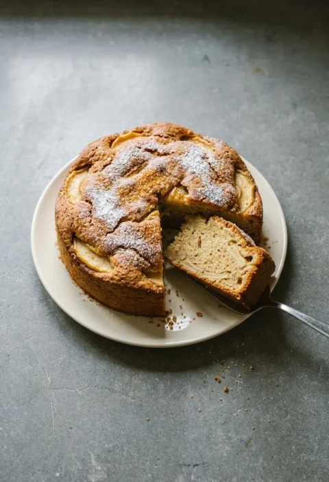 Spiced apple cake on a cream plate with a slice cut out, showing thin Bramley apple slices through the crumb under a sugar-dusted top