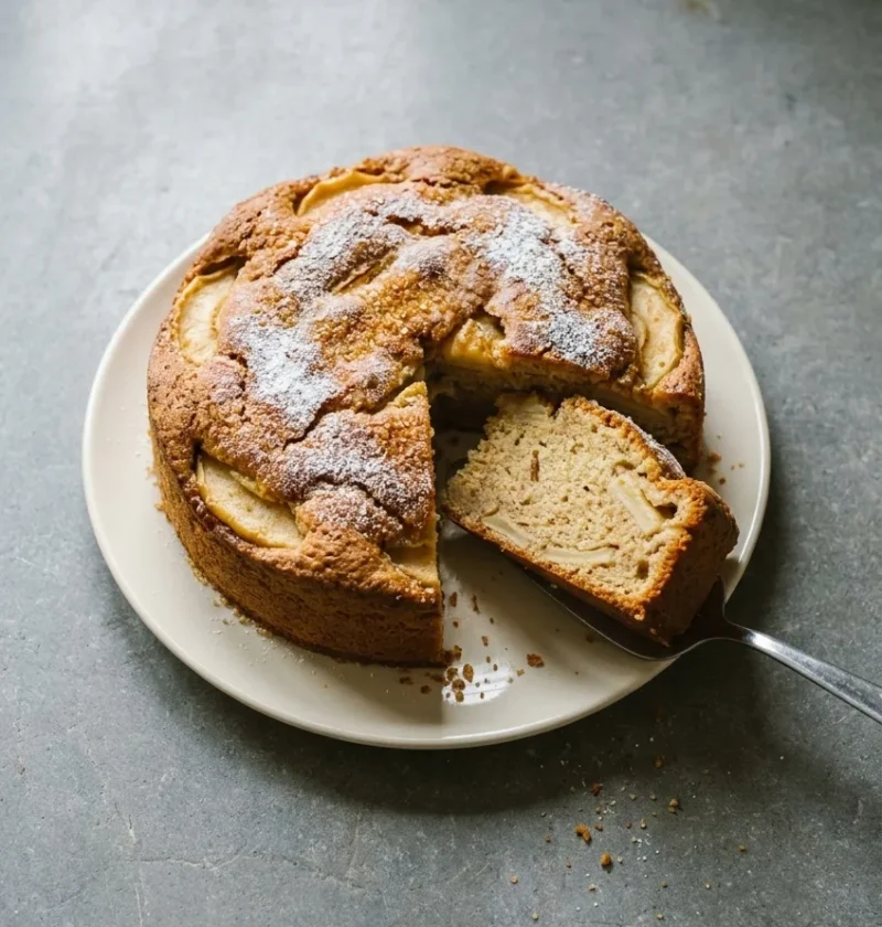 Spiced apple cake on a cream plate with a slice cut out, showing thin Bramley apple slices through the crumb under a sugar-dusted top