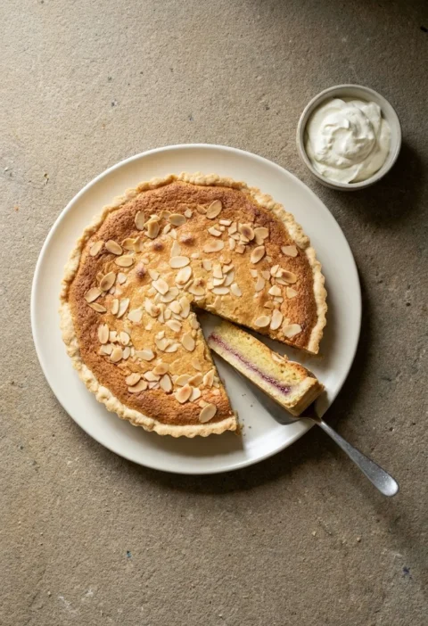 A Bakewell tart topped with toasted flaked almonds, with one slice cut to show the raspberry jam layer, and a bowl of whipped cream