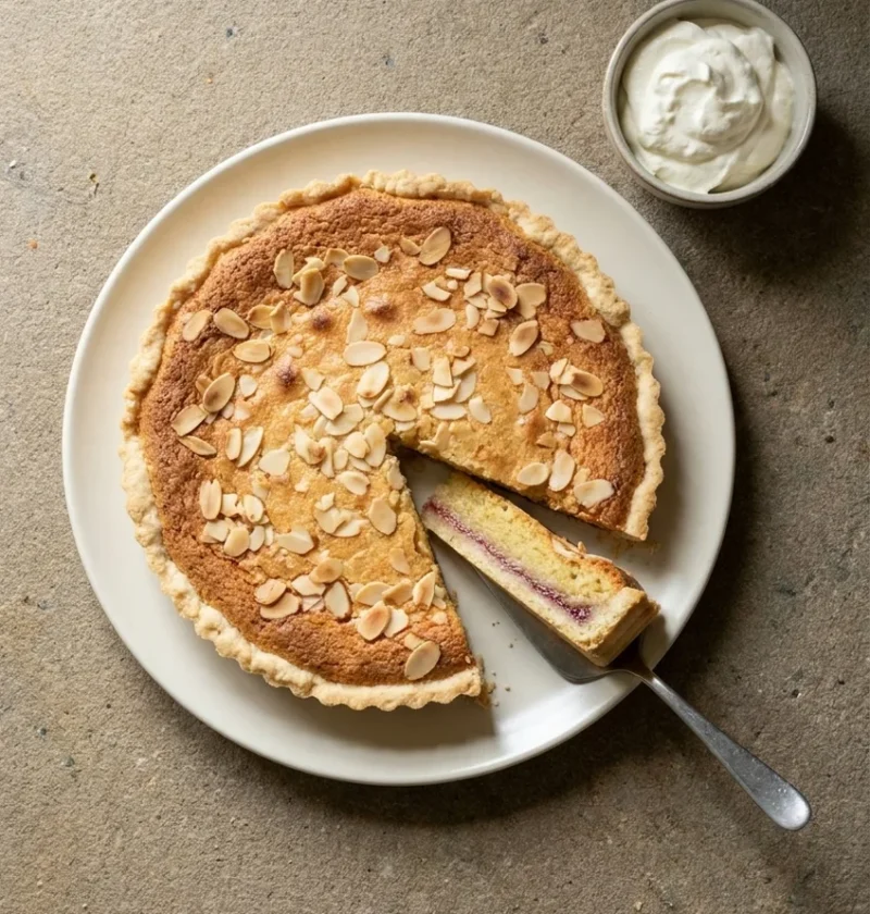 A Bakewell tart topped with toasted flaked almonds, with one slice cut to show the raspberry jam layer, and a bowl of whipped cream
