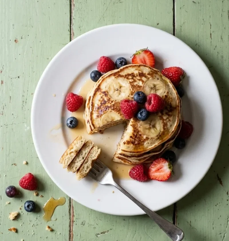 Stack of fluffy banana pancakes with fresh berries and a drizzle of syrup, a forkful cut out to show the crumb