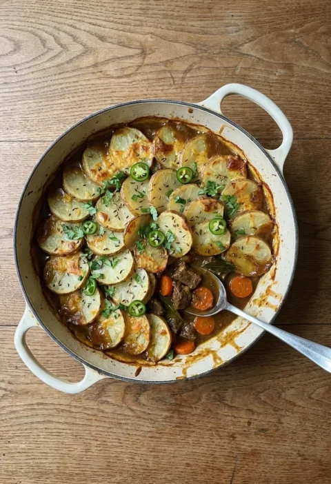 A beef curry hotpot in a cream casserole dish, topped with crisp sliced potatoes, Cheddar, green chilli and coriander, with a portion spooned out