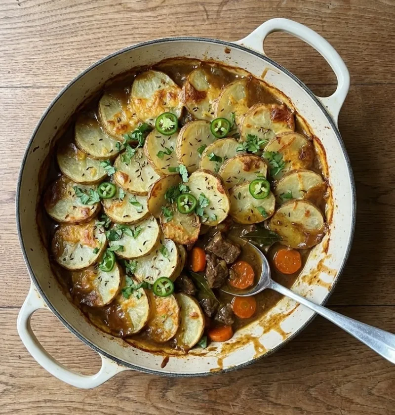 A beef curry hotpot in a cream casserole dish, topped with crisp sliced potatoes, Cheddar, green chilli and coriander, with a portion spooned out