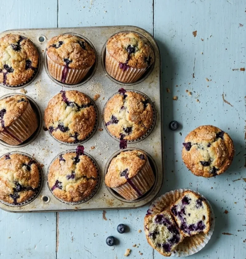 Homemade blueberry muffins with a sugary crust in a muffin tin, one broken open to show the blueberry-studded crumb