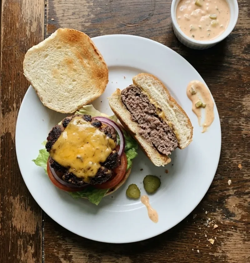 Homemade beef burger with melted Cheddar and a halved burger on a white plate, with a ramekin of burger sauce, on a worn oak table