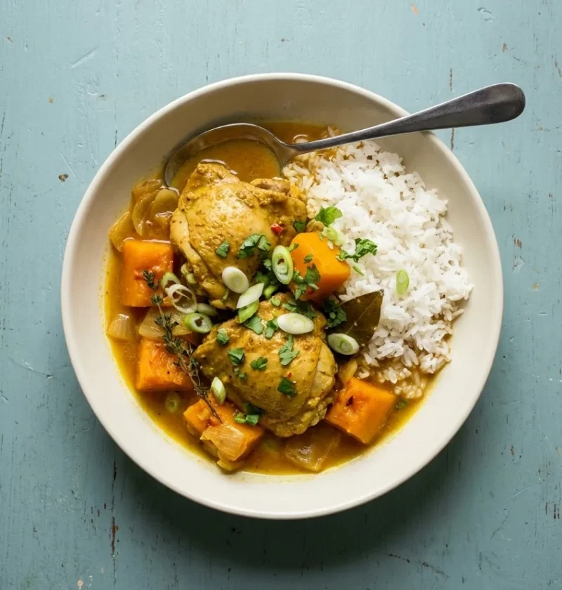 A bowl of Caribbean chicken curry with skinless chicken thighs, pumpkin chunks, thyme and a bay leaf in a golden sauce, with steamed rice
