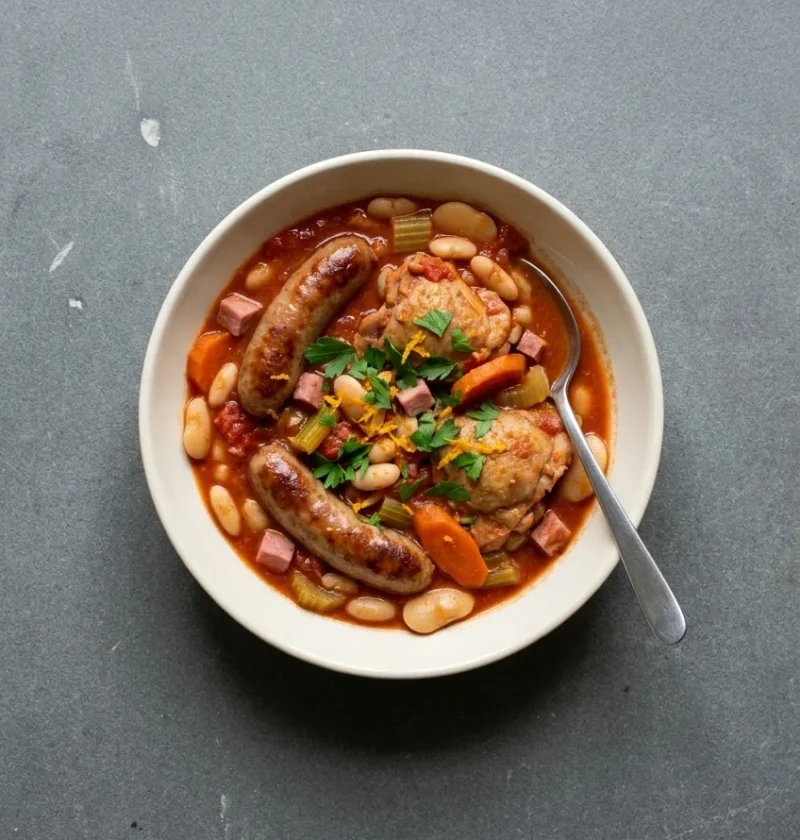 A bowl of chicken and sausage cassoulet with gammon, carrots, cannellini and butter beans, topped with parsley and orange zest