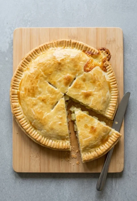 Golden cheese and onion pie with a fork-pressed edge on a wooden board, with a wedge cut out to show diced potato and onion in the cheesy filling