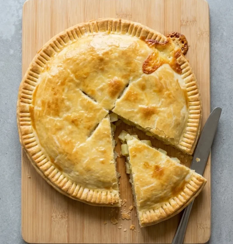 Golden cheese and onion pie with a fork-pressed edge on a wooden board, with a wedge cut out to show diced potato and onion in the cheesy filling