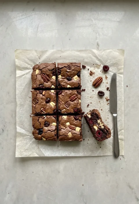 Cherry pecan brownies cut into squares on baking parchment, with white and dark chocolate chunks, pecans and dried sour cherries