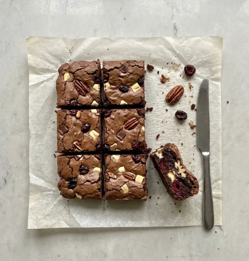 Cherry pecan brownies cut into squares on baking parchment, with white and dark chocolate chunks, pecans and dried sour cherries