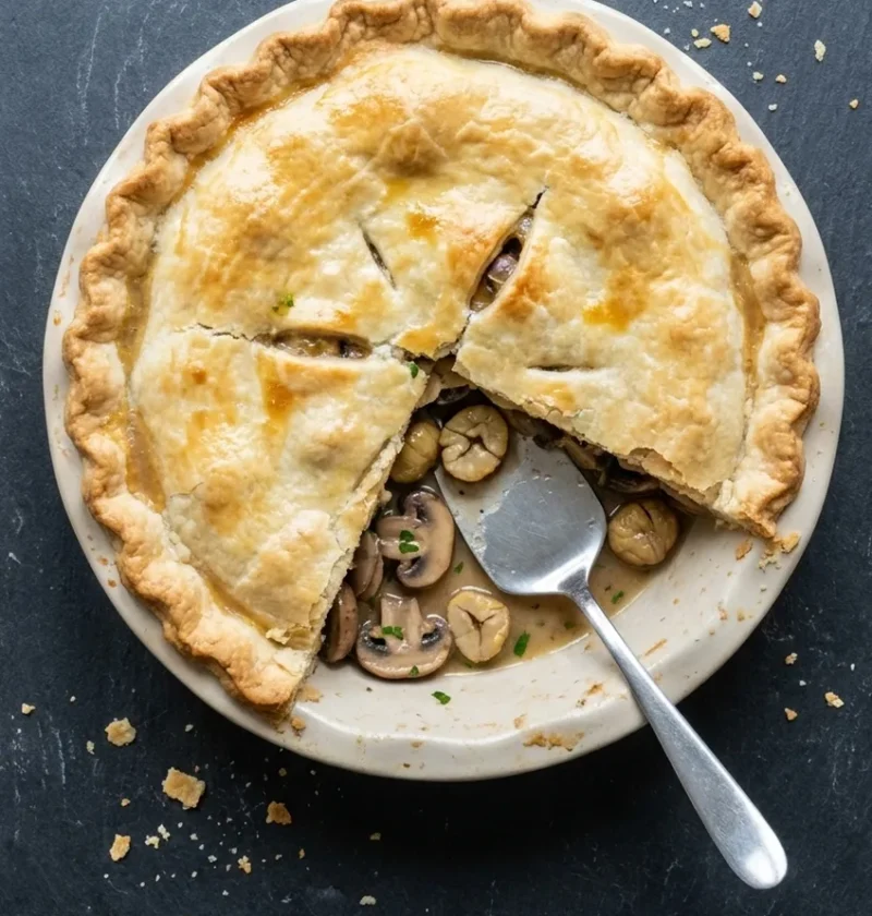 A golden shortcrust chestnut and mushroom pie in a round dish with a piece taken out, showing mushrooms and chestnuts in sauce, on dark slate