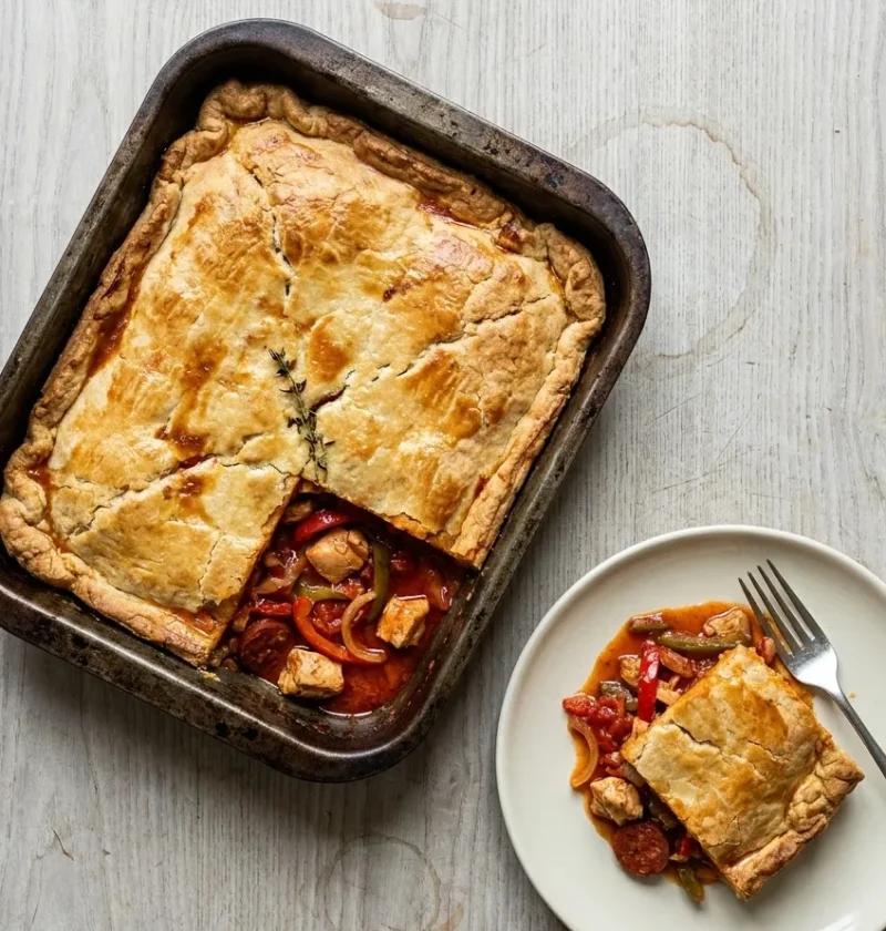 A chicken and chorizo pie in a roasting tin with a golden pastry lid and one corner cut out, beside a plated portion of chicken, chorizo and peppers