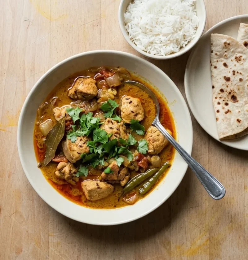 A bowl of Punjabi chicken curry with chunks of chicken, whole green chillies, a bay leaf and fresh coriander, with rice and chapatis