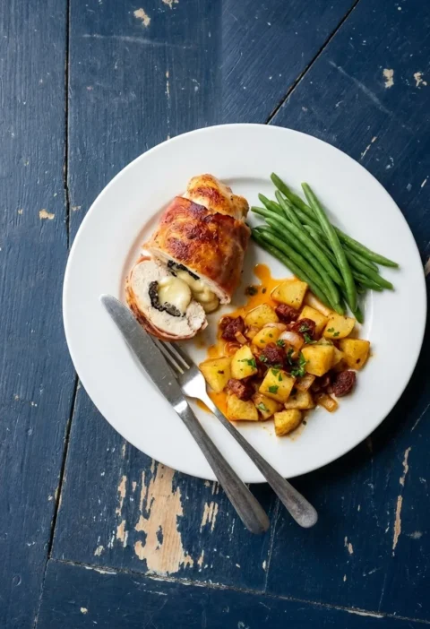 A ham-wrapped chicken breast cut open to show melted brie and truffle, with chorizo potatoes and green beans on a white plate