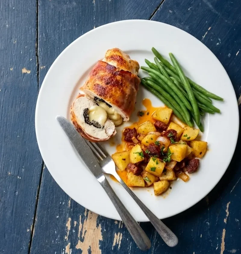 A ham-wrapped chicken breast cut open to show melted brie and truffle, with chorizo potatoes and green beans on a white plate
