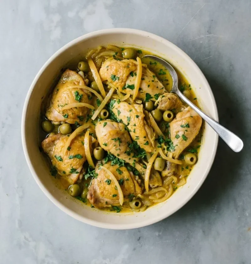 Chicken tagine in a cream dish, chicken pieces in a saffron sauce with soft onions, preserved lemon strips, green olives and chopped herbs
