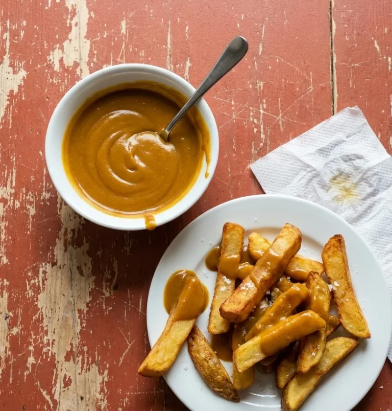 A bowl of smooth golden chip shop curry sauce with a spoon, beside a plate of thick chips topped with the sauce