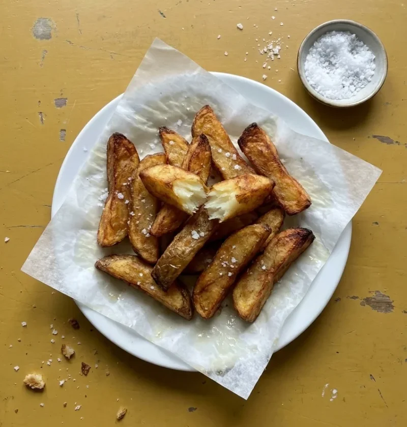 Triple-cooked chips piled on kitchen paper on a white plate, one snapped open, with a dish of flaked sea salt