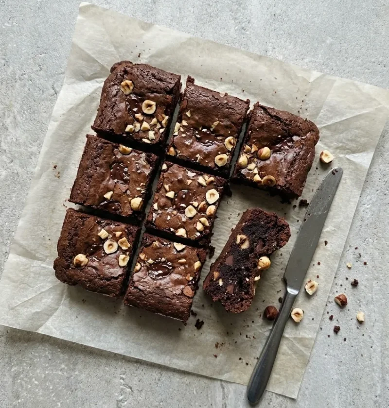 Squares of dark chocolate hazelnut brownies on baking paper, topped with chopped hazelnuts, one on its side showing the fudgy inside