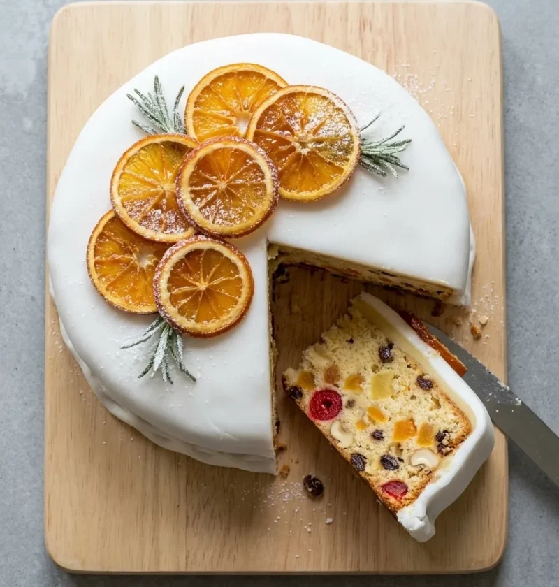 White iced Christmas cake topped with dried orange slices and frosted rosemary, with a slice laid flat to show cherries, pineapple and cashews in the crumb