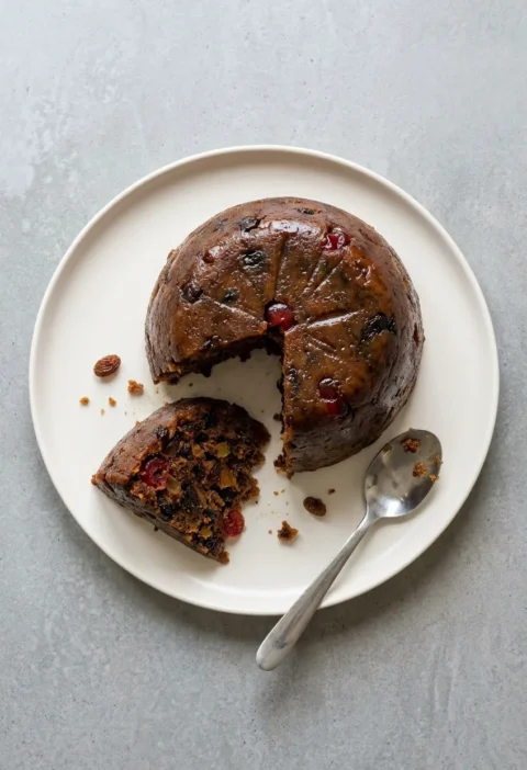 Dark suet Christmas pudding turned out on a white plate with a wedge cut out, showing sultanas, prunes, glacé cherries and peel inside